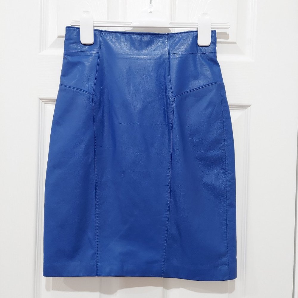 Vintage Cobalt Blue Wilsons Leather CHIA Pencil Skirt Midi Size 10 / 26in Waist
